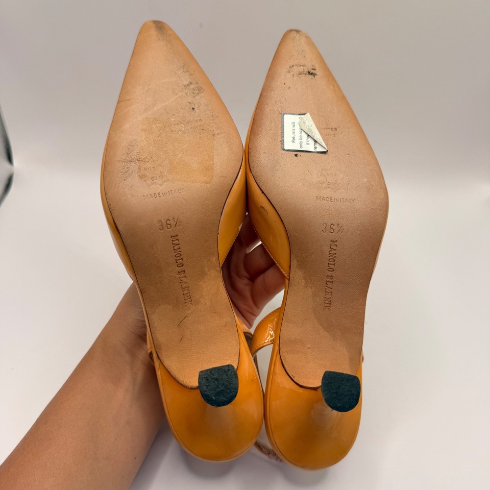 Manolo Blahnik Carolyne Orange Patent Leather Slingback Kitten Heels Size 36.5 - Picture 10 of 13